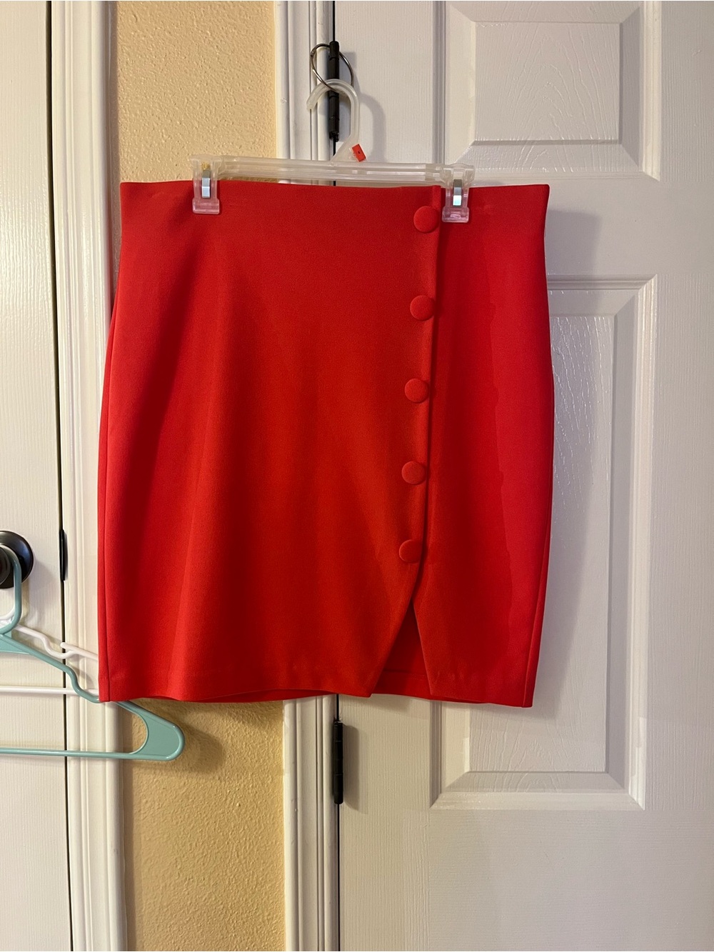 Asymmetrical burnt corral Mini Skirt with Side Buttons